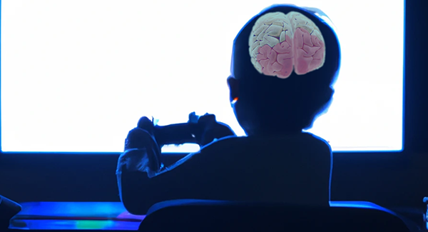 Child gaming and their brain highlighted Child gaming and their brain highlighted