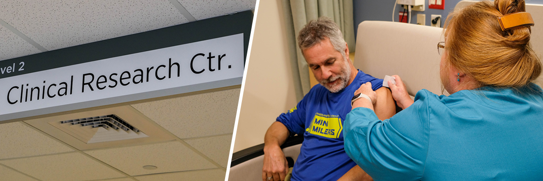 A collage of two photos, one of a sign in the medical center that reads Clinical Research Center and the other showing a person receiving a vaccine injection from a person wearing a green nurses' coat.