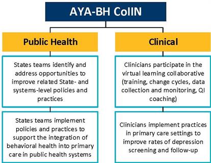 Illustration of Adolescent and Young Adult Behavioral Health CoIIN showing public health and clinical arms