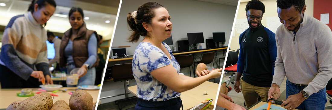 Collage of three photos showing two students preparing sweet potatoes, one student gesturing with a sweet potato in her hand, two students peeling carrots