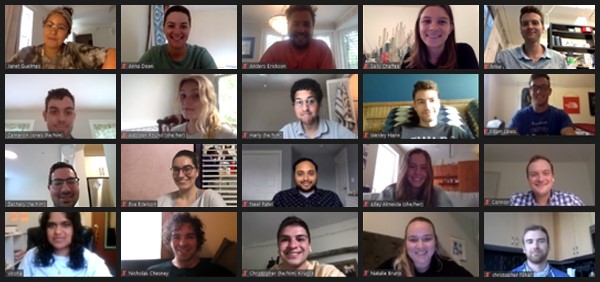 Graduate Students Graduate Students smiling in a screenshot of a zoom meeting with 20 people