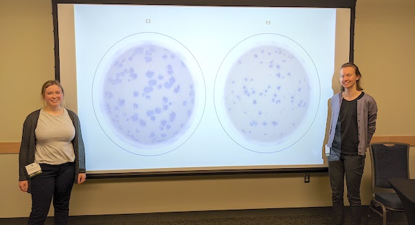 Hannah Despres and Madaline Schmidt next to large screen showing cells Hannah Despres and Madaline Schmidt next to large screen showing cells