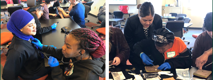 students practice using stethoscopes and learn how to stitch on suture pads