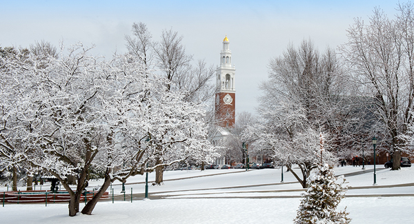 Snowy landscape scene of the University of Vermont's campus