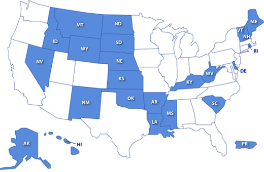A map of all IDeA-eligible states, as pictured on the NIH General Medical Sciences homepage.