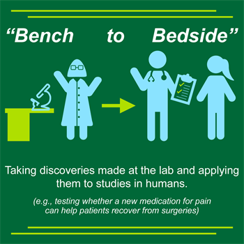 Bench to Beside research approach: Taking discoveries made at the lab and applying them to studies in humans. Example: testing new drugs