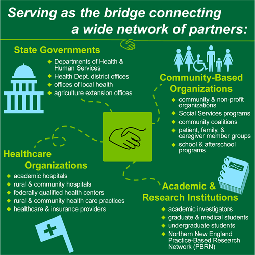 Green infographic showing CEO Core as a bridge connecting community partners from 4 main groups: State Governments, Community-Based Organizations, Healthcare Organizations, and Academic & Research Institutions