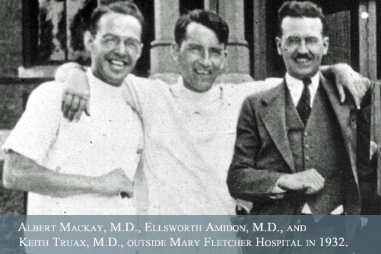 Albert Mackay, Ellsworth Amidon and Keith Truax outside Mary Fletcher Hospital in 1922.