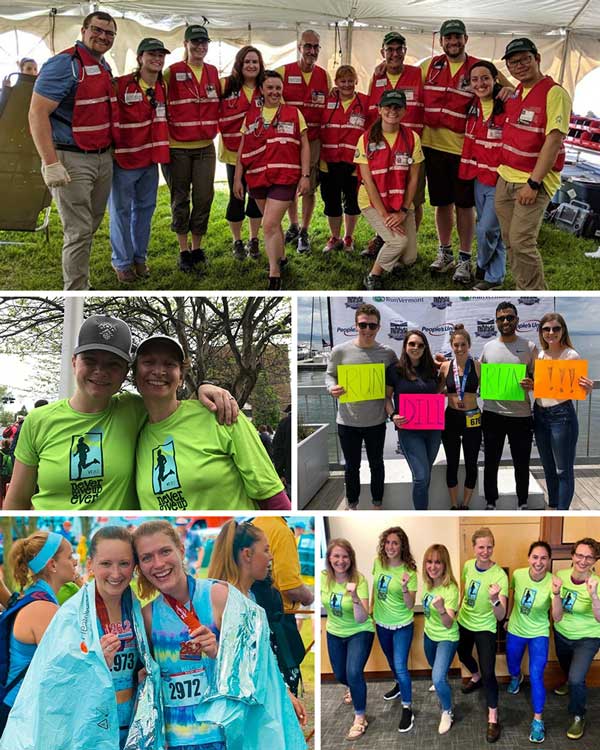 Collage of Larner students, faculty, and staff attending the marathon marathon collage