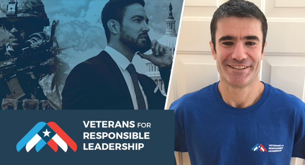 : Graphic featuring a Veterans for Responsible Leadership logo and image of a military member, a man on a cell phone, with the U.S. capitol building in the background on the left, with a photo of Dr. Barkhuff on the right