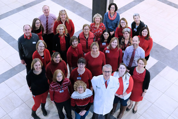 Members of the Larner College of Medicine community gathered for a photo in the Given Courtyard on February 7 for Wear Red Day.