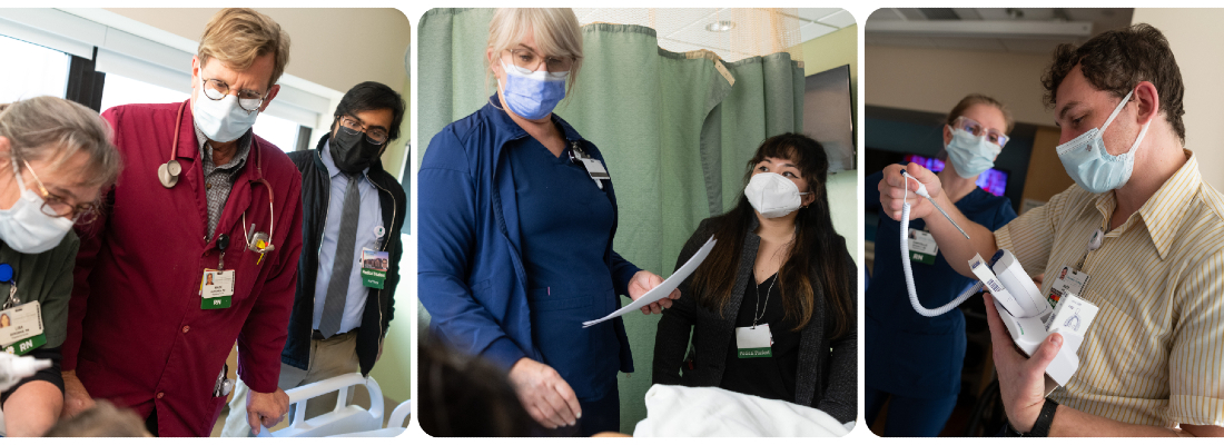 Collage of three photos showing medical students observing nurses working with patients in the hospital