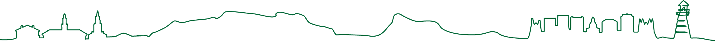 a line drawing of Vermont and Maine city skylines, mountains, and a lighthouse