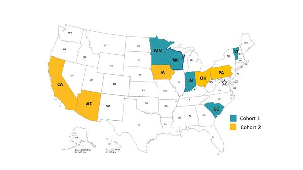 Map of the United States showing the states that participated in the CoIIN