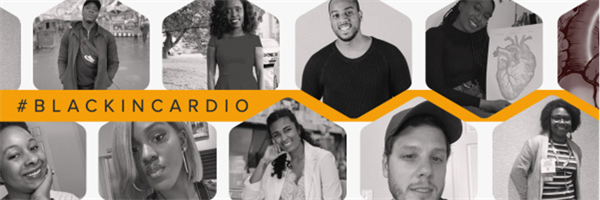 Greyscale profile photos of #BlackInCardio organizers with yellow banner and text that reads Greyscale profile photos of #BlackInCardio organizers with yellow banner and text that reads