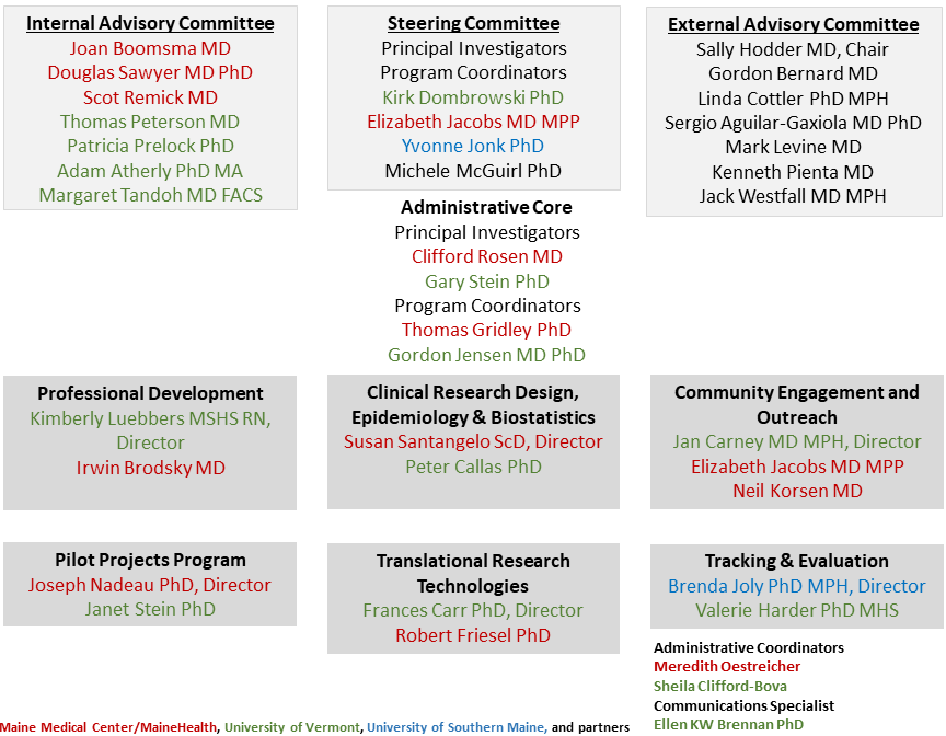 Chart showing the names of leadership members in each core and committee for the NNE-CTR