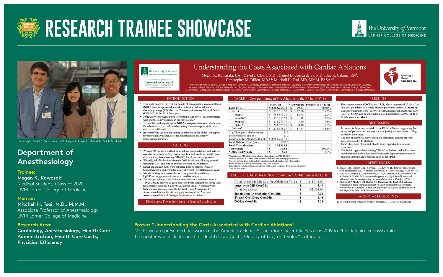 Research Trainee Showcase Poster highlighting trainee, Megan Kawasaki and mentor, Mitchell Tsai, M.D., M.M.M.