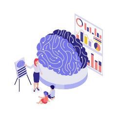 Cartoon Stock image of a researcher next to a brain, describing an image on an easel