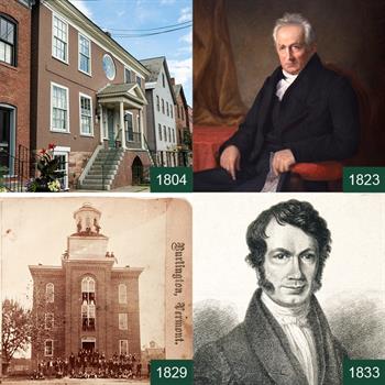 Collage of  antique photos of two building and two men