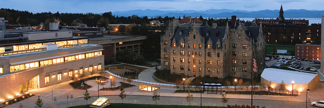 UVM Medical Education Center and campus at dusk