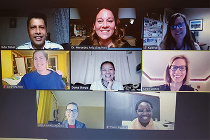 Partners in the Community Education Sessions on the COVID-19 Vaccine gather in Zoom session, including  Bidur Dahal, Dr. Avila; Dr. Pierce; Sara Chesbrough, Doma Sherpa, Ms. Vastine;Ms. Merdzanovic; and Ms. Ratsebe.
