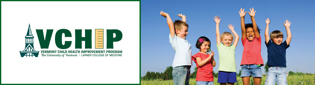 VCHIP logo and young kids in a field with arms overhead